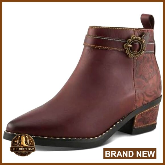 Leather Ankle Boots with Pointed Toe and Block Heel Side Zipper Closure